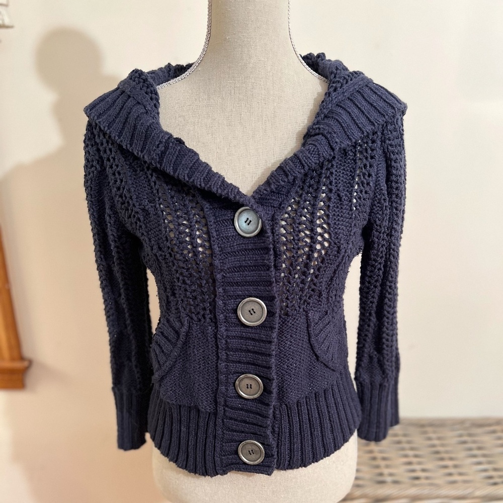 Free People Navy Blue Knit Cardigan Sweater Hoodie / Hood Size Small
